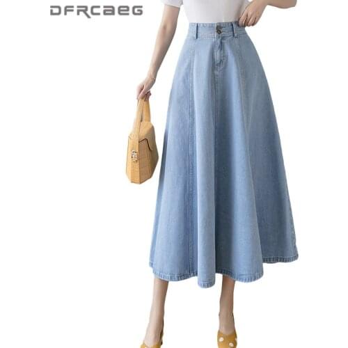 High Waist Loose Denim Pleated Skirts Women 2020 Spring Retro Big Swing Long Skater Skirt Jeans Feamle Saias Longas Deep Blue