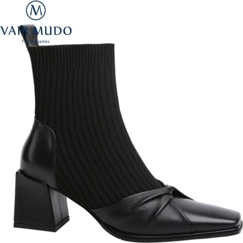 VAIR MUDO Women High Heels Boots Shoes Spring/Autumn Black Brown Genuine Leather Concise Sewing Solid Square Toe Concise WM-X39