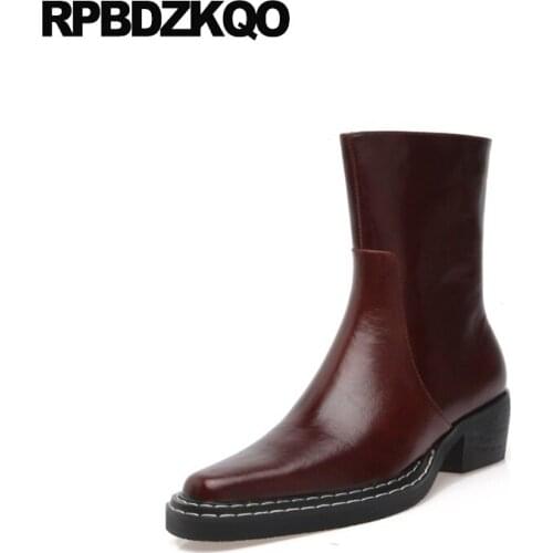 Zip Up Handmade Short Custom Designer Shoes Women Luxury 2021 Boots Block Genuine Leather Chunky Autumn Brown Square Toe Ankle