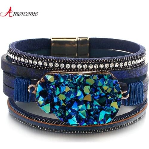 Amorcome Resin Round Leather Bracelets for Women Fashion 2020 Bohemian Multilayer Wide Wrap Charms Bracelets & Bangles Jewelry