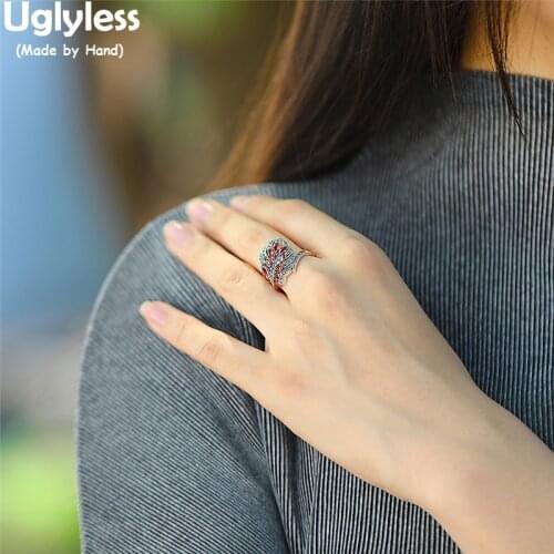 Uglyless Hollow Leaf Thai Silver Rings for Women 925 Sterling Silver Marcasite Rings Exotic Vintage Jewelry Feather Garnet Rings