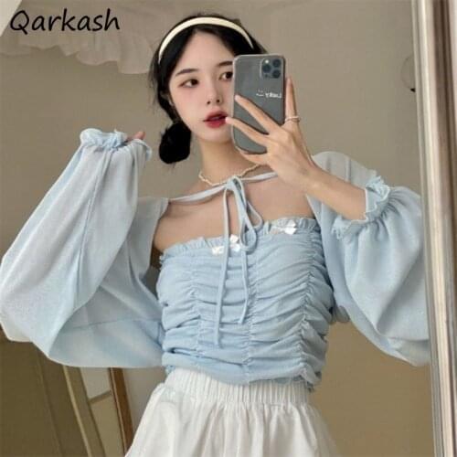 Sets Women Outfits 2 Pieces Top Korean Style Summer Cropped Solid Folds Bow Design Tank and Long Sleeve Sun-proof Blue Blouse