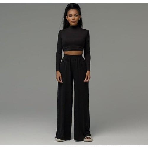 Casual Home Sports Suit Women 2021 European and American Fashion Style Commuting Solid Color Slim Top and Wide Leg Trousers Suit