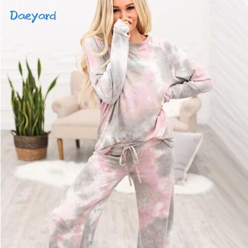 Daeyard Women 2021 Spring Pajama Set Sports Suit Casual Tie-dye Sweater Lazy Homewear Long Sleeve Shirts And Pants 2 Pieces Suit