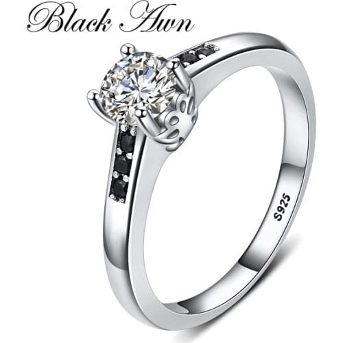 [BLACK AWN] 925 Sterling Silver Jewelry Finger Ring Leaf Black Spinel Rings for Women Female Bague Silver 925 Jewelry G093