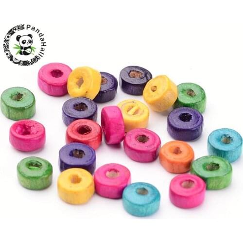 200PCS Mixed Flat Round Lead Free Wood Beads, Dyed, 6x3mm, Hole: 2mm