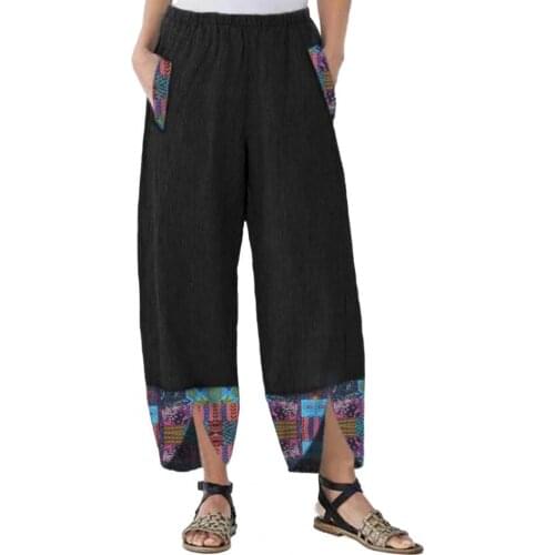 Casual Pants Women Summer Printed Patchwork Vintage Bohemia Trousers Loose Wide Leg Pockets Irregular Office Ladies Pants