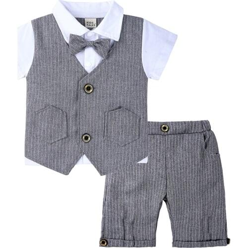 Baby 2 pieces Suits England Style Boys Summer Clothes Boy Shorts Sets Bowtie Vest Shirts Stripe Pant Toddler Tuxedo Outwear
