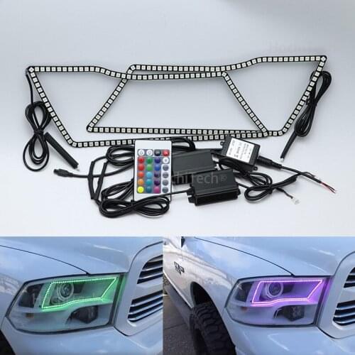 For Dodge RAM 1500 2500 3500 4500 5500 2009-2016 RGB LED Angel Eyes Multi-color with Halo Ring Remote Control Headlight