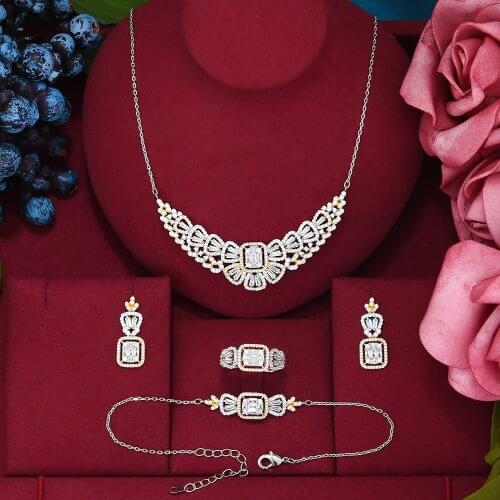 Missvikki High Quality Luxury Princess crown Shiny Angel wings Necklace Earrings Ring Jewelry Set For Women Wedding Party Show
