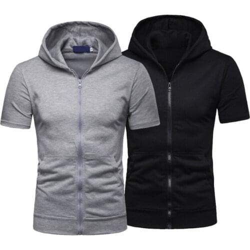 Mens Zip Up Hoodie Blouse Short Sleeve Hooded Zipper Sweatshirt Jacket Coat Tops 2020 Hot Sale Pure Color Casual All-Match