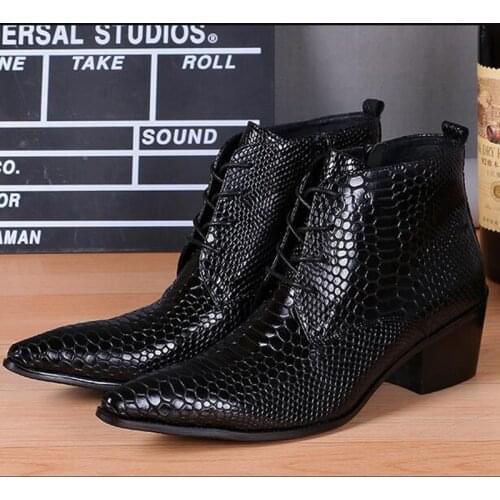 Botas hombre black genuine leather high top military boots men dress work shoes pointed toe snakeskin cowboy boots plus size47