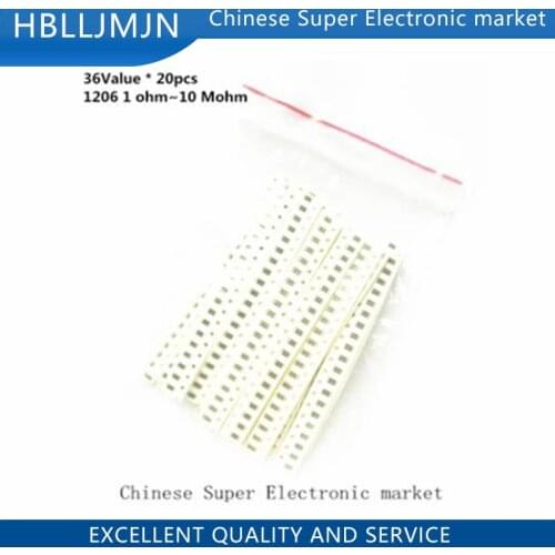 36Value * 20pcs =720pcs 1206 SMD Resistor Kit 1/4W 0.25W 5% 1 ohm~10 Mohm component diy kit