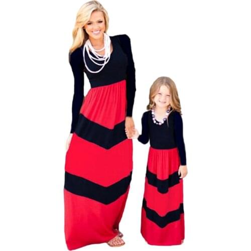 Long Sleeve Mommy and Me Clothes Striped Little Girl Clothes Maxi Dress Dress for Young Girls Patchwork Family Matching Outfits