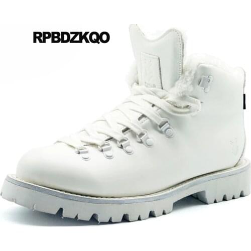 Fall booties warm luxury lace up combat autumn military shoes plus size army full grain leather white winter men boots with fur