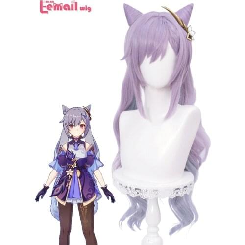 L-email wig Game Genshin Impact Keqing Cosplay Wigs Ponytails Mixed Purple Cosplay Wig with Ears Heat Resistant Synthetic Hair