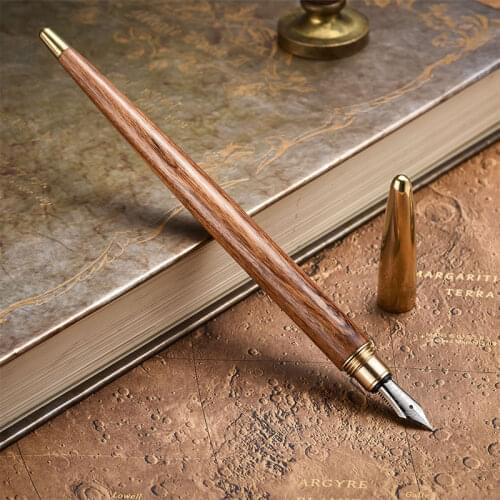 1pcs Handmade Solid Wood + Brass Fountain Pen Natural Color Slender Pen 0.38mm Nib For Business and School office as Luxury Gift