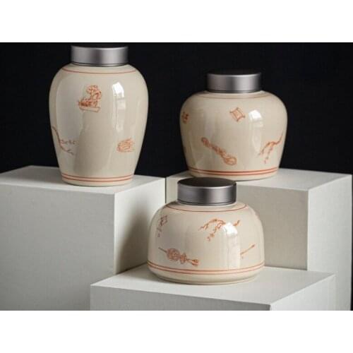 Grey Tin Lid Tea Cans Japanese Style Large Ceramic Sealed Cans Creative Black Tea Cans Tea Warehouse Kitchen Tea Storage Cans