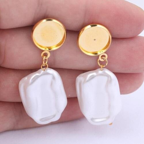10pcs 12mm Glass Cabochon Earring Base Setting Blanks With Dangle Pearl Charms Diy Bezels For Jewelry Making Supplies