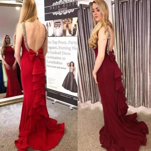 Dark Red Mermaid Evening Dresses Bateau Backless Sweep Train Ruffles Crystal Beads Formal Prom Party Gowns robes de soirée Plus