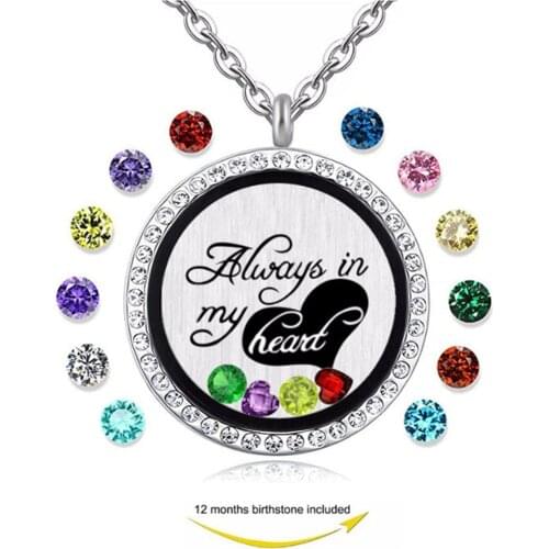 Always in my heart Floating Living Memory Locket Pendant Necklace with Birthstone pendant necklace jewelry Gift for her