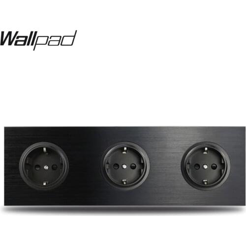 Wallpad L6 Black Aluminum Triple EU Schuko Wall Electrical Power Socket Satin Metal Frame Dual Plate 258 * 86 mm
