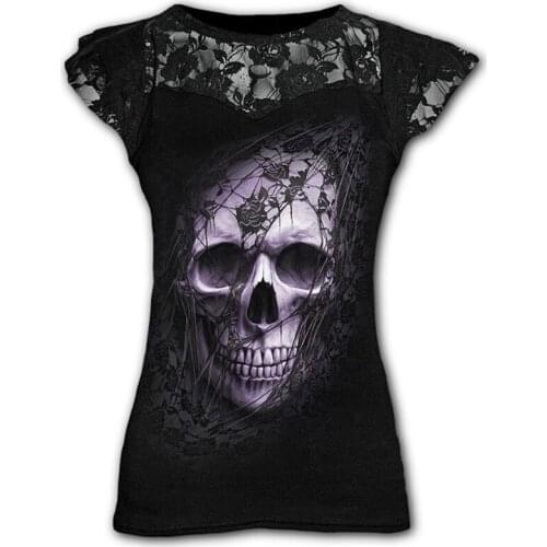 Goth Y2k Graphic T Shirts for Women Gothic Plus Size Clothing Black Grunge Punk Tees Ladies Lace Short Sleeve Tops Summer Tshirt