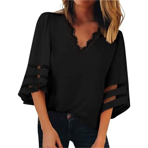 40#Lace Chiffon Blouse Womens Elegant Casual Solid Color V-neck Half Sleeve Shirt Top Vintage Plus Size Blouse блузка женская