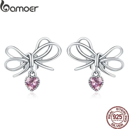 Bamoer 925 Sterling Silver Jewelry Gift with Bow CZ Light Stud Earrings for Women Girls Gift Statement Jewelry SCE962