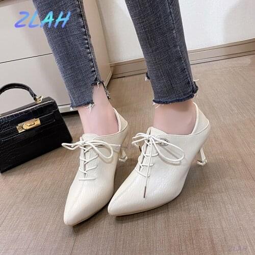 Autumn Womens Shoes High Heels Platform High Heels Zlah Pointed Toe Cross Lace Black High Heels Party Shoes White Wedding Shoes