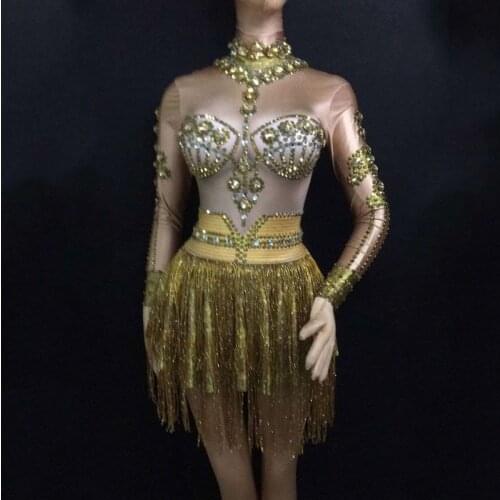 Female Singer Sparkly Gold Tassel Sexy Jumpsuit Nightclub Party Women Glisten Beads Stage Costume High-Elastic One-Piece DJ339