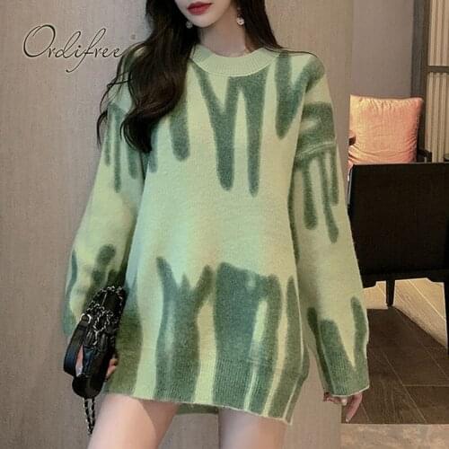 Ordifree 2021 Autumn Winter Oversized Sweater Women Knitted Pullover Streetwear Vintage Print Female Loose Casual Sweaters