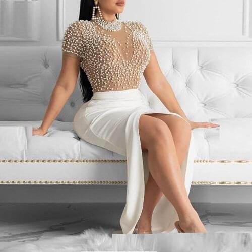 2020 Women Khaki Beading Short Sleeve Mesh Bodysuit Sexy Summer Clubwear Solid Bodycon Verano Jumpsuits High Quality Wholesale