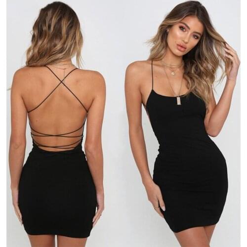 242 Women Sexy Sling Dress Summer Back Cross Bandage Skinny Party Streetwear Chic Solid Color Female Halter Short Length Dresses