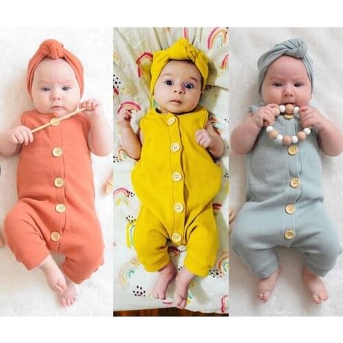 2Pcs Baby Girl Summer O-neck Sleeveless Cute Fashion Romper+Hair Brand Cotton Solid Color Causal Jumpsuit Outfits