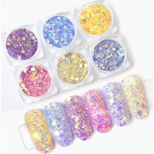 6 Pcs/set Nail Art Color Changing Magic Mirror Powder&Sequins Body Glitter Festival Party Glitter Tattoo Manicure Decoration