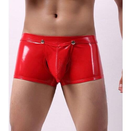 Sexy COCK Ring Plus Size Zipper Open Crotch Boxers Shiny Faux Leather Stage U Convex Pouch Gay Wear Jockstrap Erotic lingerie 15