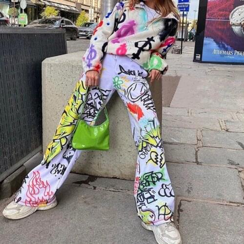 Za Graffiti Printed Wide Leg Pant Casual Fashion High Wasit Loose Trouser 2021 Summer Hip Hop Lace Up Harajuku Women Pant