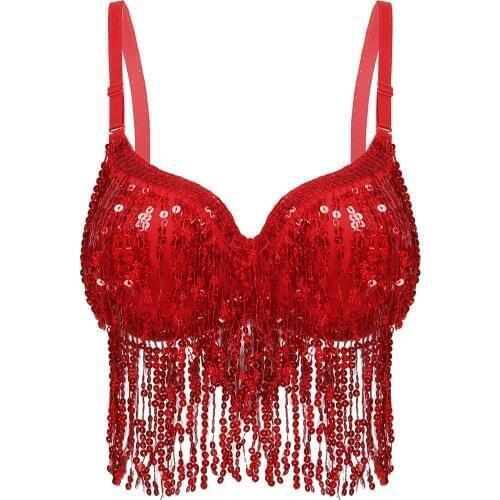 Inhzoy Women Shiny Sequins Tassel Underwired Pad Bra Tops Dance Sexy Crop Tops Latin Jazz Belly Stage Performance Costume Club