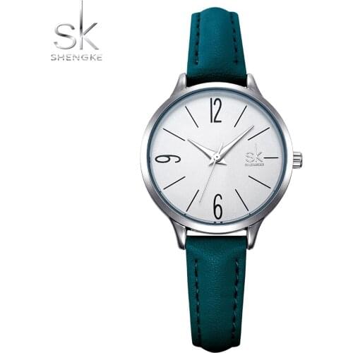 SK Fashion Watch Women Casual Leather Quartz Watch SHENGKE Round Wrist Watch Women Blue Band Watch Relogio Feminino Reloj Mujer