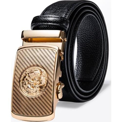 Hi-Tie Famous Brand Luxury Mens Belt Business Style Black Genuine Leather Belt Gold Buckle Fashion Belts for men Ratchet Belt