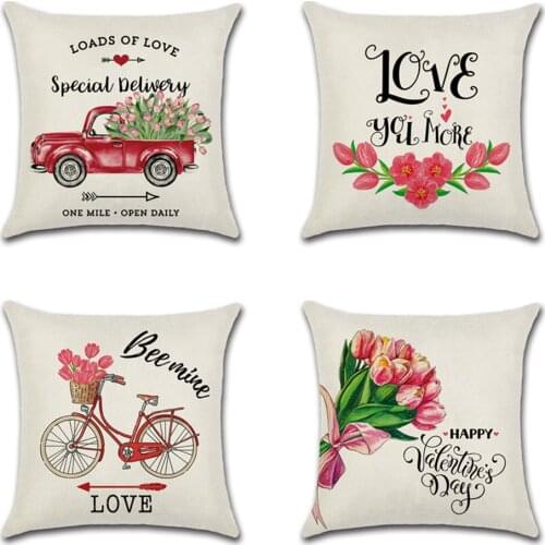 Fresh Flowers Cushion Covers Linen Truck Bike Pillow Cover Sofa Bed Nordic Home Decorative Valentines Day Love Pillow Case 45cm