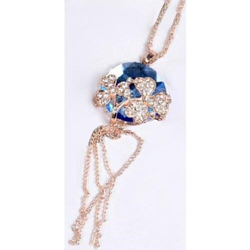 Hot Korean Fashion Jewelry Round Crystal Clover Necklace & Pendant For Women Cute cats Eye Stone Sweater Chain