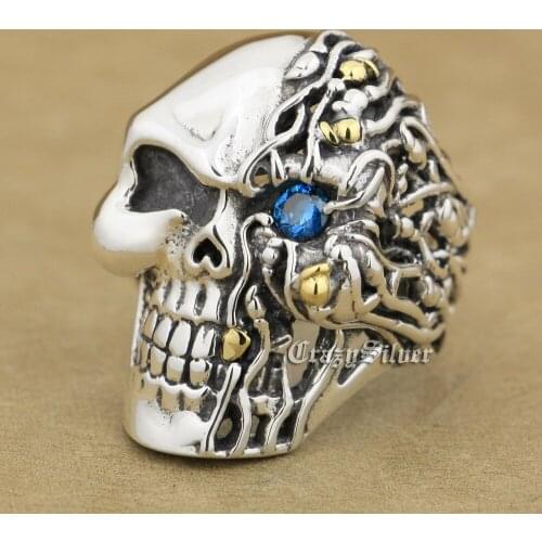 CZ Eye Skull 925 Sterling Silver Mens Biker Rock Punk Ring 8VX06 US Size 7~15