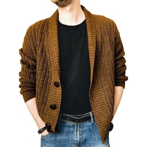 Europe America Men Sweater Oversize Cardigan Lapel Slim Casual Single Breasted Buttons Solid Color Cardigan Mens Sweater Coat