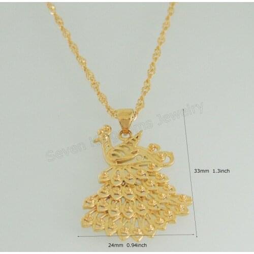 YELLOW GOLD GP OVERLAY 18" NECKLACE & VIVID PEACOCK SHAPED PENDANT IT HANGS 33MM 1.3"