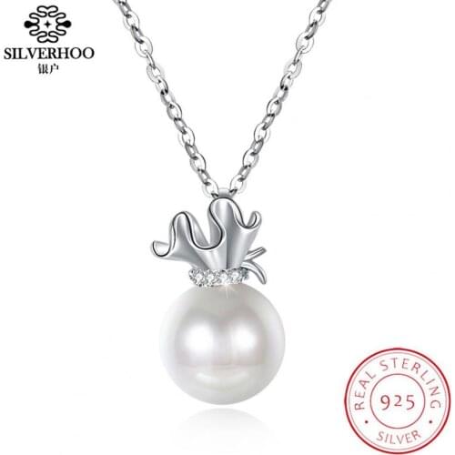 SILVERHOO 925 Sterling Silver Women Pearl Pendant Necklace Luxury Zircon Fine Jewelry Exquisite Fashion Send Friend Engagement
