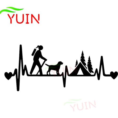 Girl Hiker & Dog Camper Tent Heartbeat Lifeline Sticker Fashion PVC Waterproof Sunscreen Decal Black/White/Red/Laser/Silver