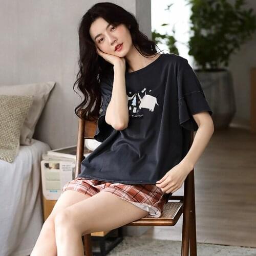 Kawaii Cartoon Womens Pajamas Sets Full Cotton Short Sleeve Homewear Cool Black Tops +Fashion Red Plaid Shorts Summer Nightwear