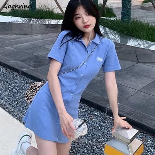 Short Sleeve Dress Women Solid Simple All-match Single Breasted Sexy Mini A-line Dresses Streetwear Korean Style Ins Chic Girls